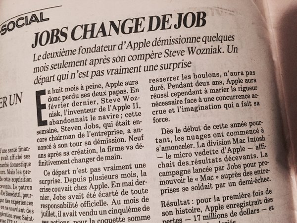 Steve Jobs quittait Apple (pour y revenir en 1997, selon mon ami du futur Wikipédia) #Madeleineproject https://t.co/Pcx1EpYbqg